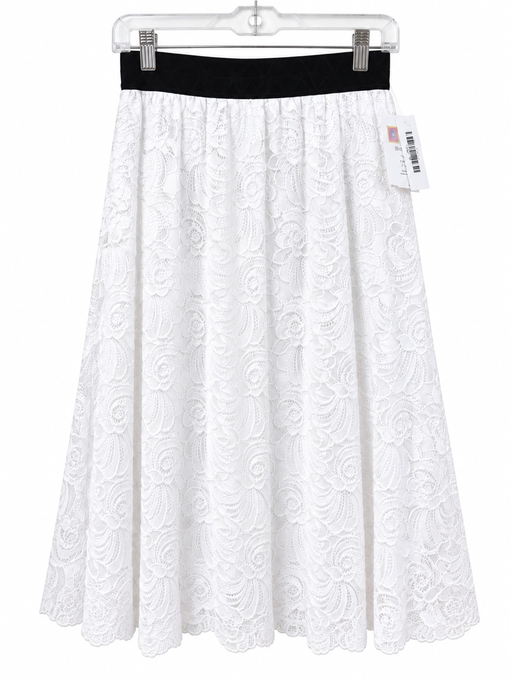 LuLaRoe White Lace Midi Skirt with Black Waistband